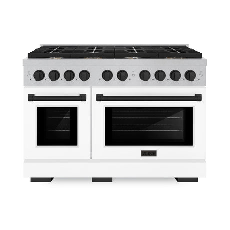 ZLINE Autograph Edition 48 in. 6.7 cu. ft. 8 Burner Double Oven Gas Range in DuraSnow' Stainless Steel with White Matte Doors and Matte Black Accents (SGRSZ-WM-48-MB)