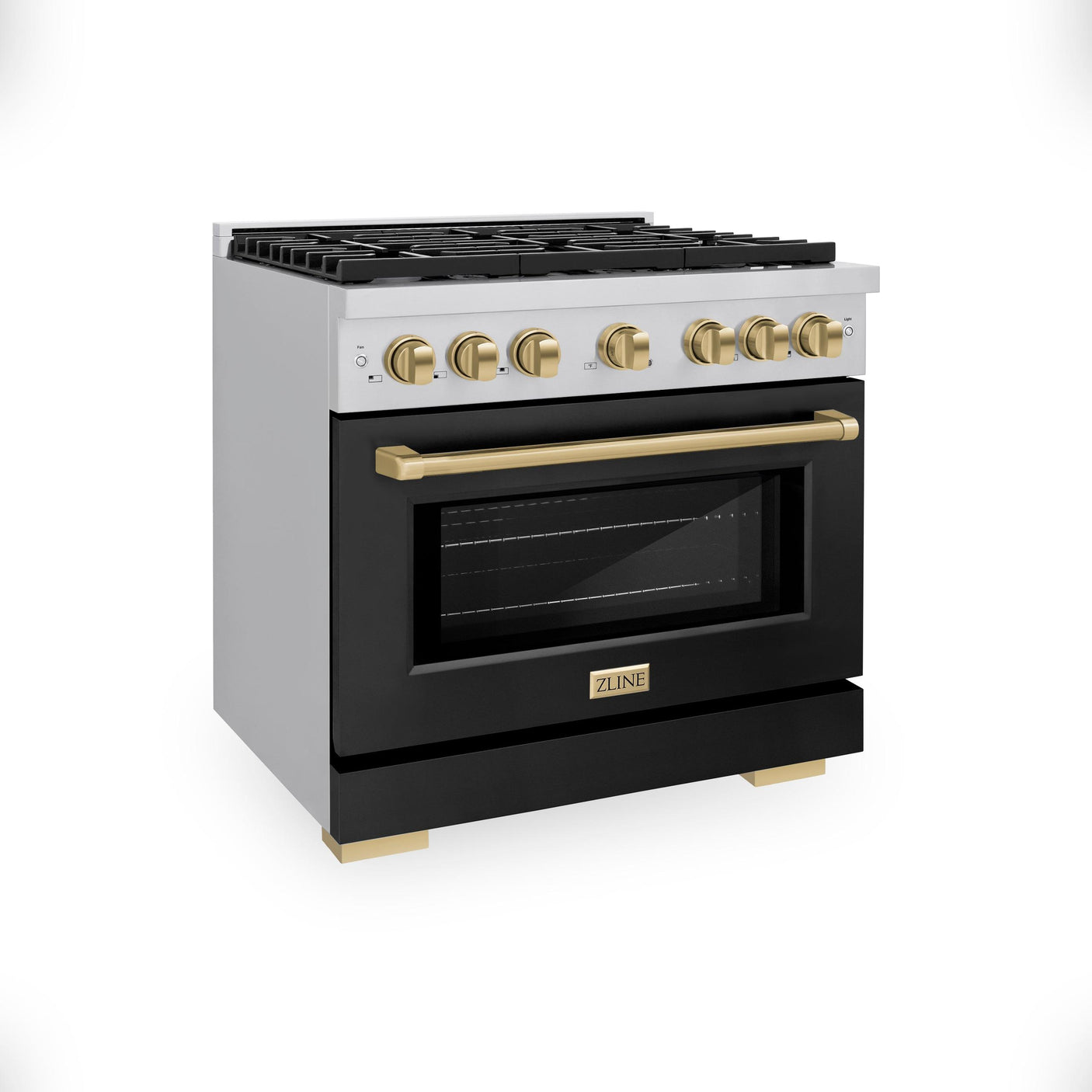 ZLINE Autograph Edition 36 in. 5.2 cu. ft. Paramount Gas Range with 6 Burner Cooktop and Convection Gas Oven in Stainless Steel with Black Matte Door and Champagne Bronze Accents (SGRZ-BLM-36-CB)