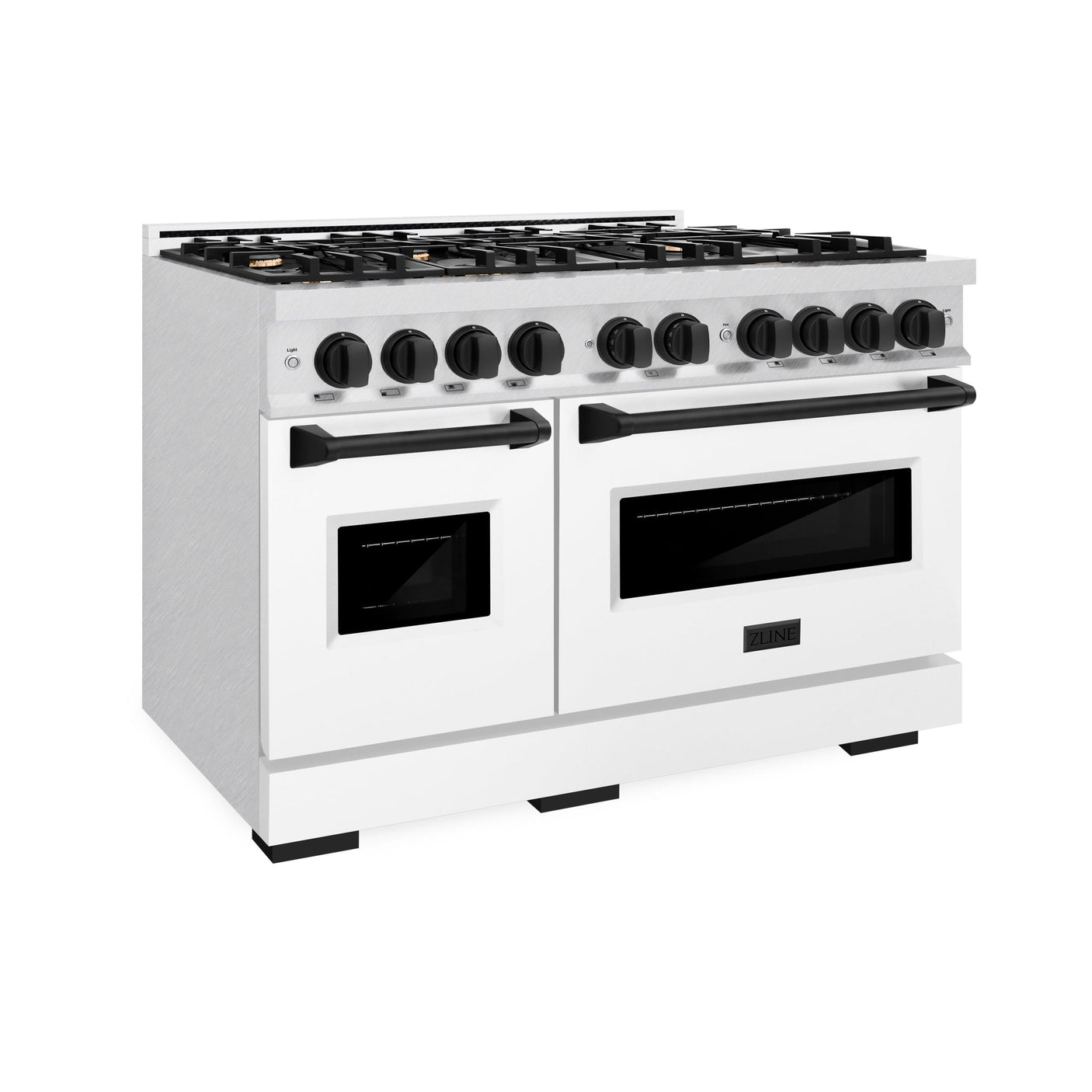 ZLINE Autograph Edition 48 in. 6.7 cu. ft. Classic Double Oven Gas Range with 8 Burner Cooktop in DuraSnow' Stainless Steel with White Matte Doors and Matte Black Accents (CGRSZ-WM-48-MB)