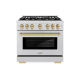 ZLINE Autograph Edition 36 in. 5.2 cu. ft. Select Dual Fuel Range with 6 Burner Gas Cooktop and Electric Convection Oven in DuraSnow' Stainless Steel with Champagne Bronze Accents (HDRSZ-36-CB)