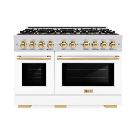 ZLINE Autograph Edition 48 in. 6.7 cu. ft. Select Double Oven Dual Fuel Range with 8 Burner Gas Cooktop in DuraSnow' Stainless Steel with White Matte Doors and Polished Gold Accents (HDRSZ-WM-48-G)