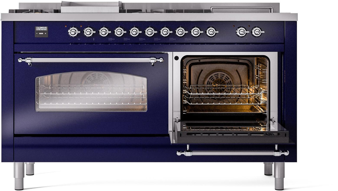 Nostalgie II 60 Inch Dual Fuel Natural Gas Freestanding Range in Blue with Chrome Trim