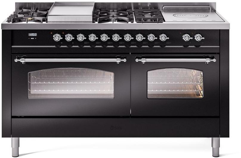 Nostalgie II 60 Inch Dual Fuel Natural Gas Freestanding Range in Glossy Black with Chrome Trim