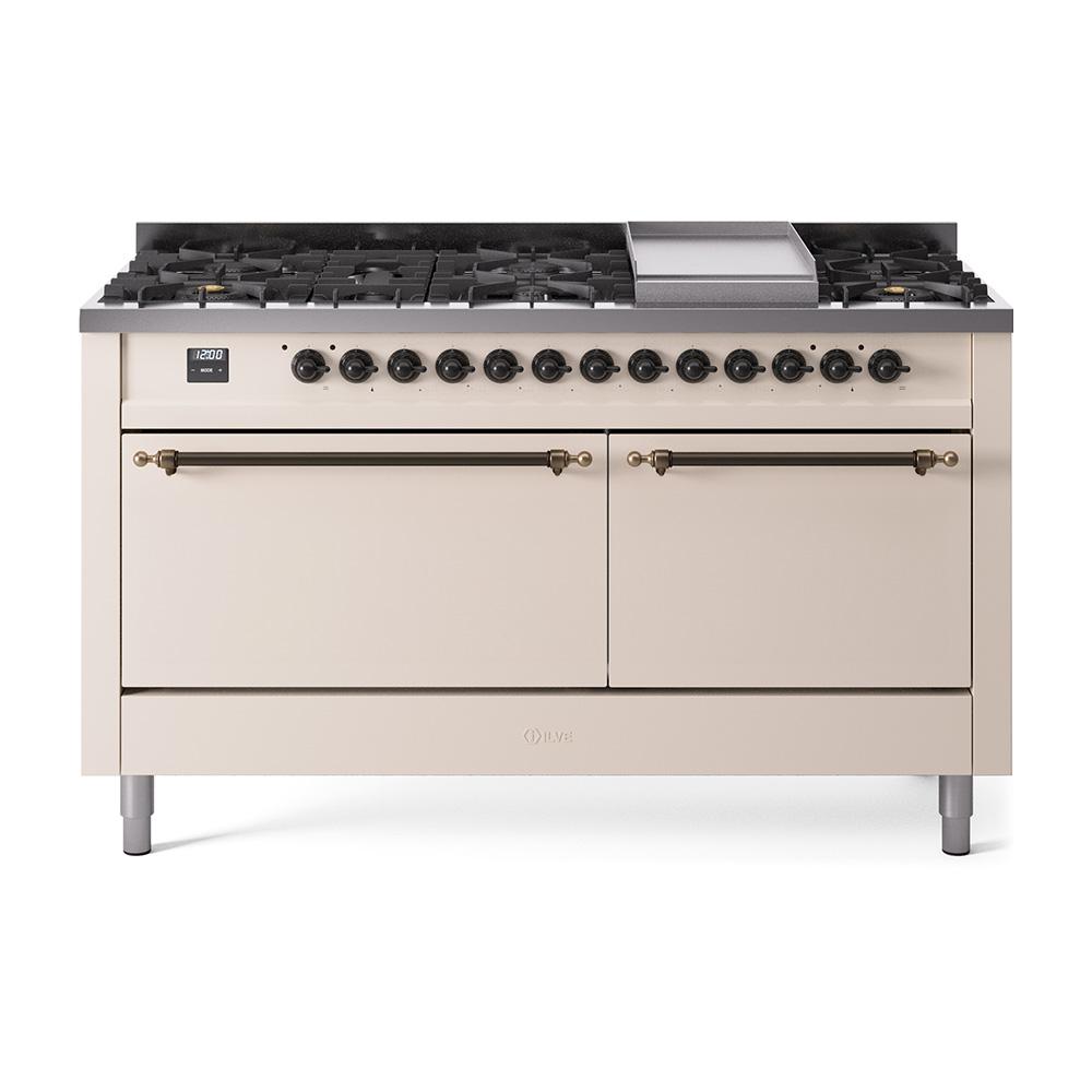 ILVE Nostalgie II 60 UP60FQNMPAWB Freestanding Dual Fuel Range with 9 Sealed Burners Yes Double Oven with Solid Door in Antique White with Bronze knobs