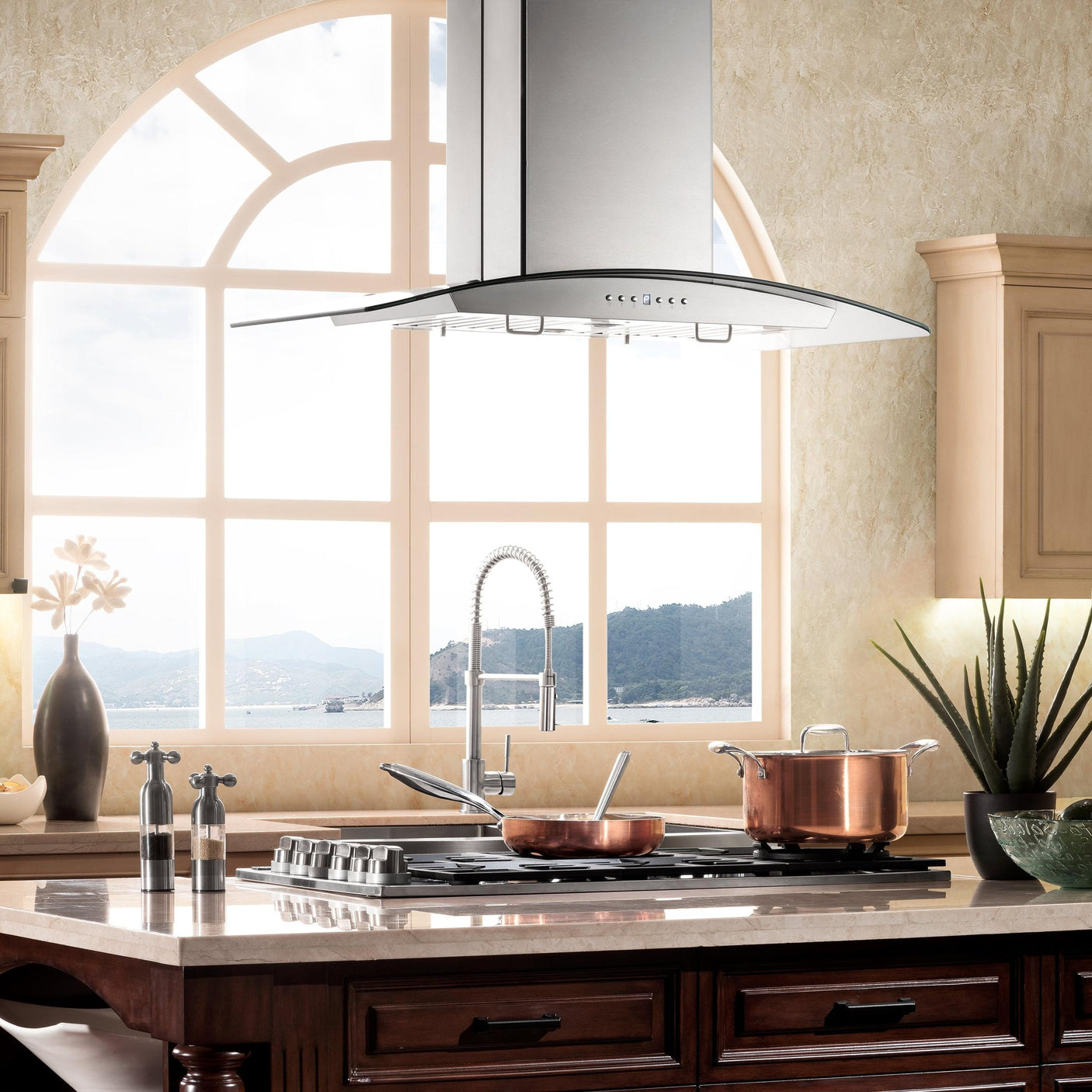 ZLINE Convertible Vent Island Mount Range Hood in Stainless Steel & Glass (GL14i)