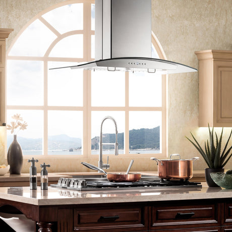 ZLINE Convertible Vent Island Mount Range Hood in Stainless Steel & Glass (GL14i)