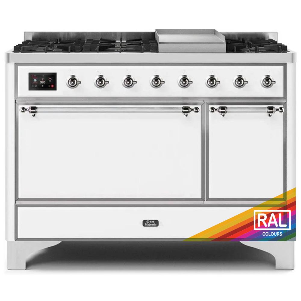 ILVE Majestic II 48 UM12FDQNS3RAC Freestanding Dual Fuel Range with 8 Sealed Burners Yes Double Oven with Solid Door in RAL Color with Chrome knobs