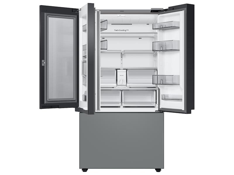 Bespoke 3-Door French Door Refrigerator (30 cu. ft.) - with Top Left and Family Hub™ Panel in White Glass - and Matte Grey Glass Bottom Door Panel