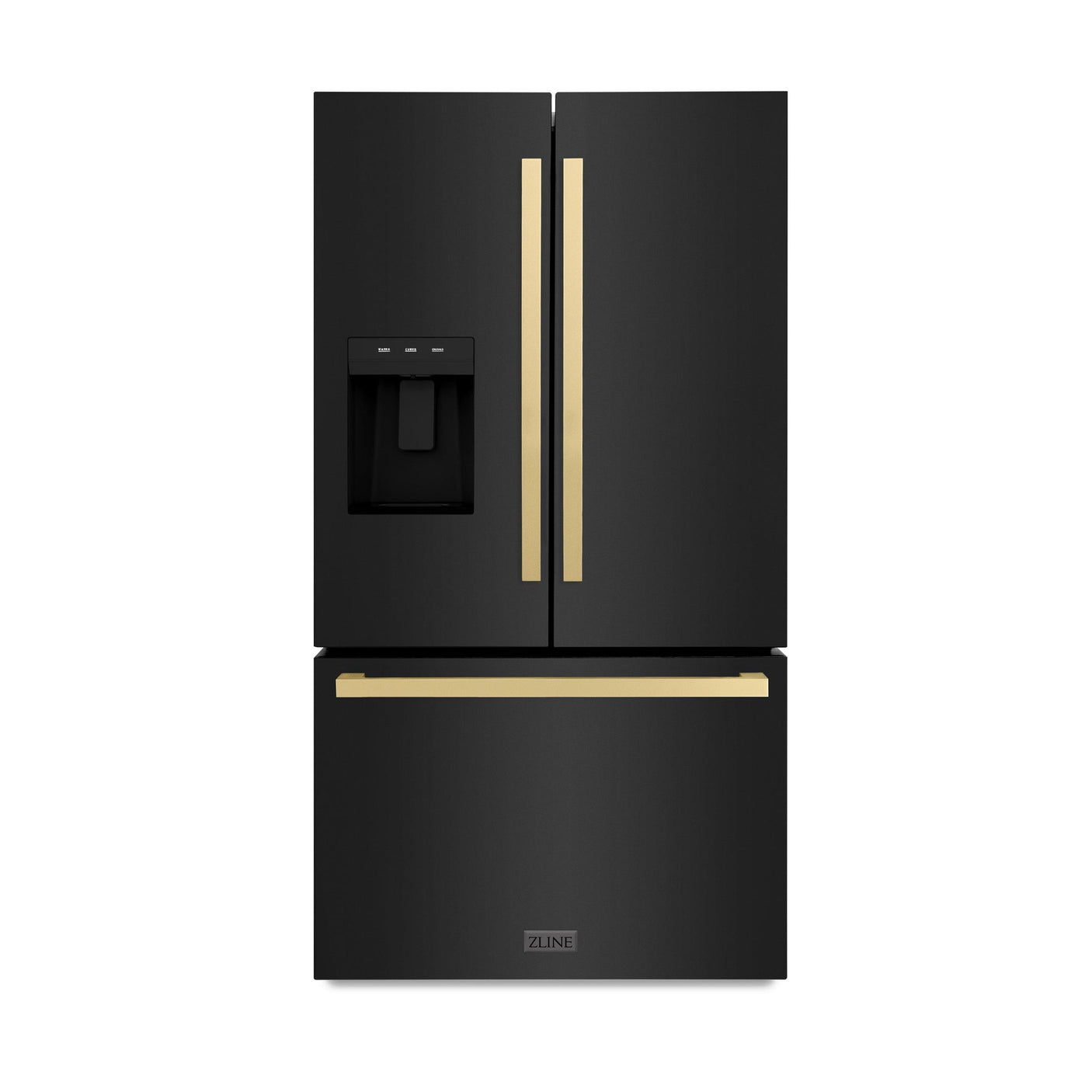 ZLINE Autograph Edition 36 in. 28.9 cu. ft. Standard-Depth French Door External Water Dispenser Refrigerator with Dual Ice Maker in Black Stainless Steel and Champagne Bronze Modern Handles (RSMZ-W36-BS-FCB)