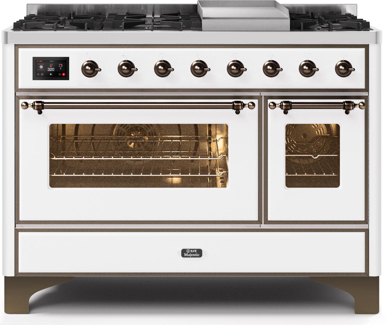 Majestic II 48 Inch Dual Fuel Natural Gas Freestanding Range in White with Bronze Trim