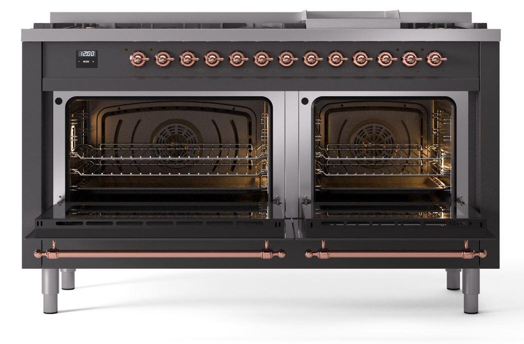 Nostalgie II 60 Inch Dual Fuel Natural Gas Freestanding Range in Matte Graphite with Copper Trim