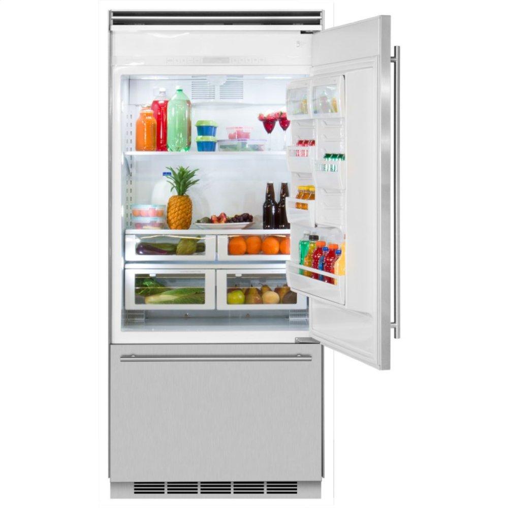 Marvel Professional Built-In 36" Bottom Freezer Refrigerator - Solid Stainless Steel Door - Left Hinge, Slim Designer Handle