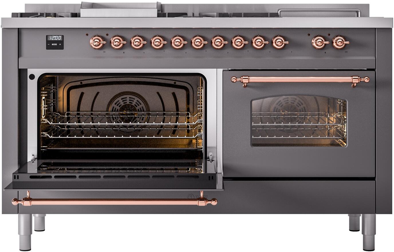 Nostalgie II 60 Inch Dual Fuel Natural Gas Freestanding Range in Matte Graphite with Copper Trim