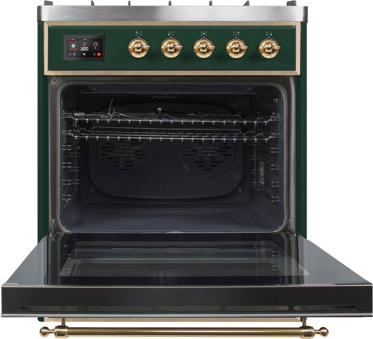 Majestic II 30 Inch Dual Fuel Liquid Propane Freestanding Range in Emerald Green with Brass Trim