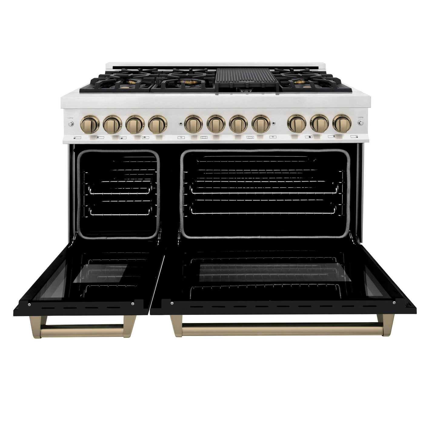 ZLINE Autograph Edition 48 in. 6.0 cu. ft. Dual Fuel Range with Gas Stove and Electric Oven in Fingerprint Resistant Stainless Steel with Black Matte Door and Champagne Bronze Accents (RASZ-BLM-48-CB)