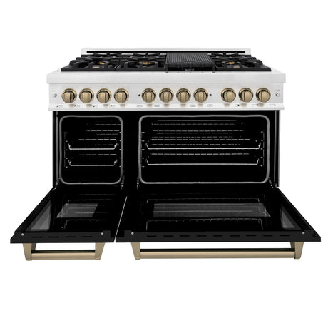 ZLINE Autograph Edition 48 in. 6.0 cu. ft. Dual Fuel Range with Gas Stove and Electric Oven in Fingerprint Resistant Stainless Steel with Black Matte Door and Champagne Bronze Accents (RASZ-BLM-48-CB)