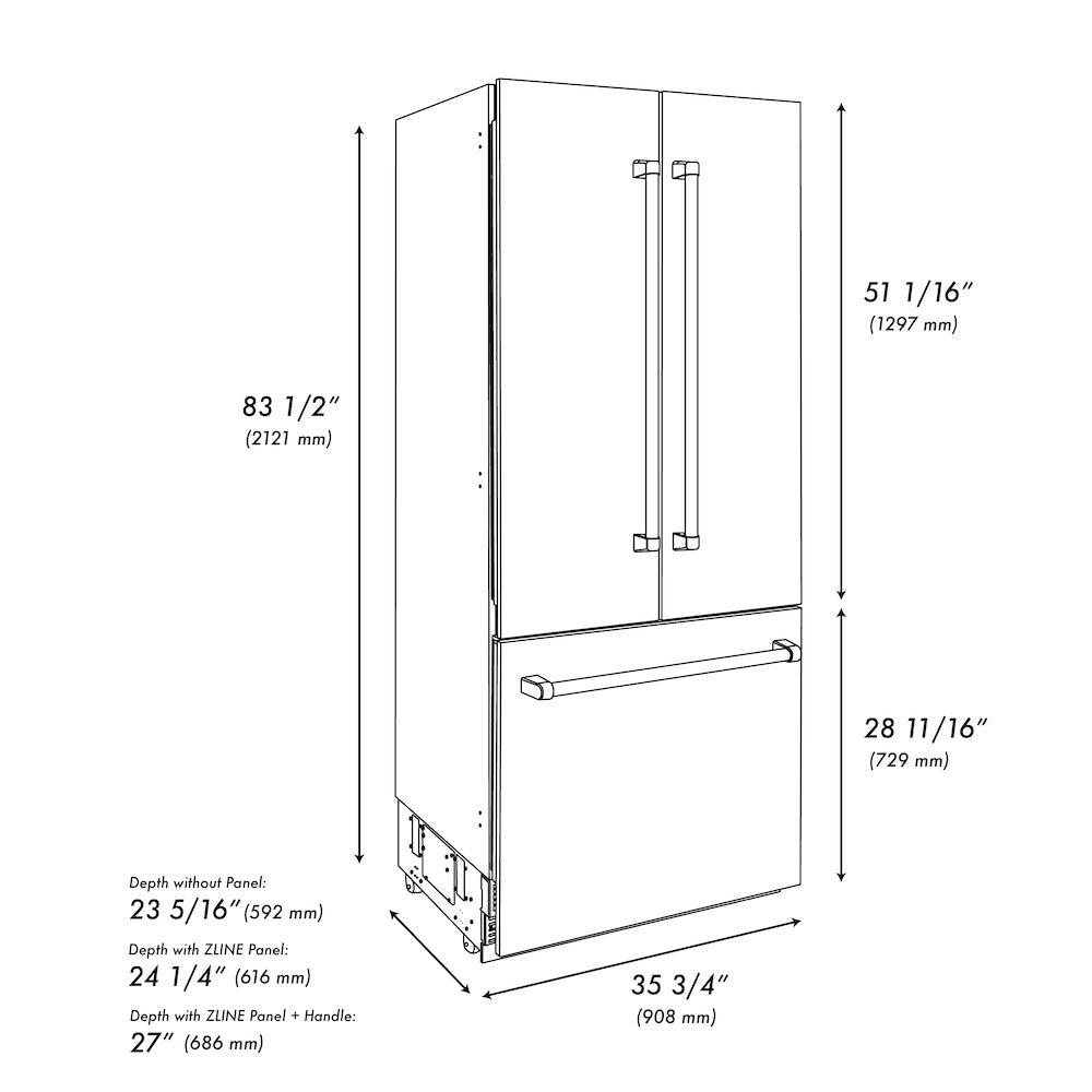 ZLINE Autograph Edition 36 in. 19.6 cu. ft. French Door Built-In Bottom Freezer Refrigerator with Water Dispenser and Ice Maker in Black Stainless Steel with Graphite Gray Interior and Polished Gold Accents (GRBIVZ-BS-36-G)