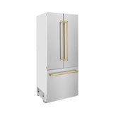 ZLINE 36" Autograph Edition 19.6 cu. ft. Built-in 3-Door French Door Refrigerator with Internal Water and Ice Dispenser in Fingerprint Resistant Stainless Steel with Polished Gold Accents (RBIVZ-SN-36-G)