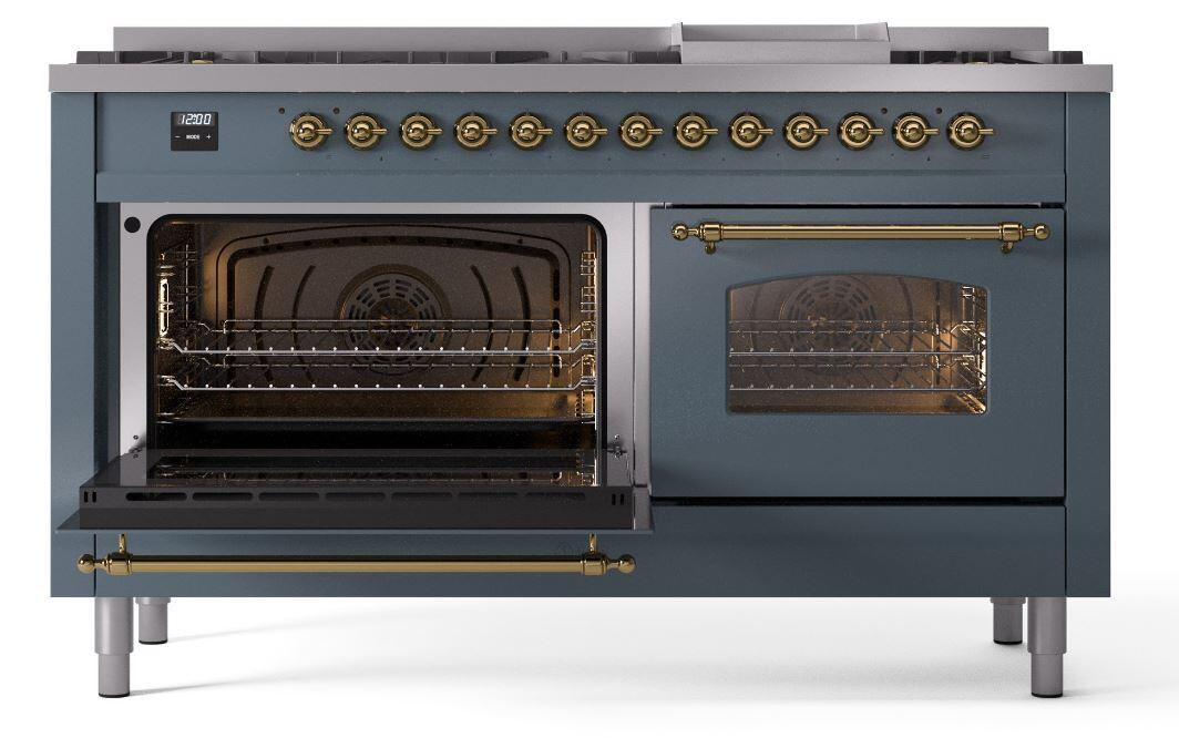 Nostalgie II 60 Inch Dual Fuel Natural Gas Freestanding Range in Blue Grey with Brass Trim