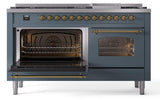 Nostalgie II 60 Inch Dual Fuel Natural Gas Freestanding Range in Blue Grey with Brass Trim