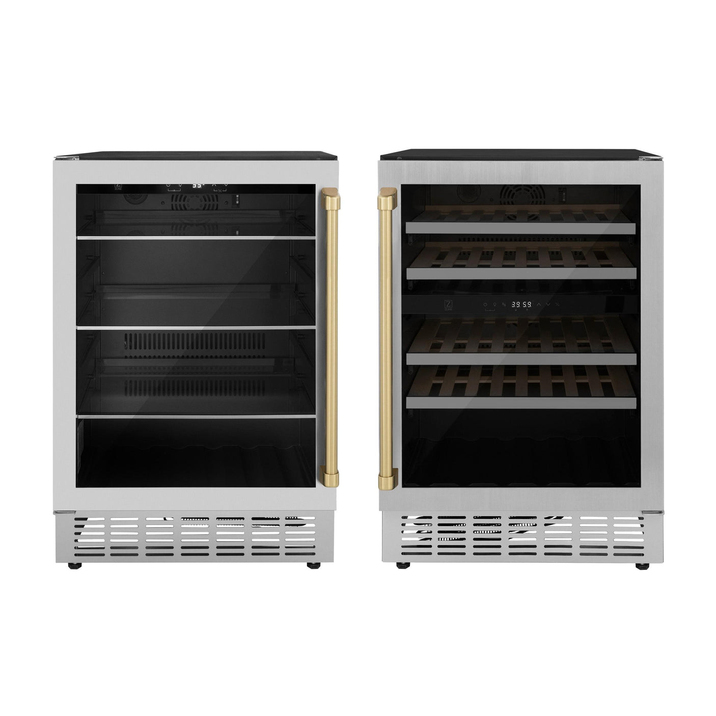 ZLINE Autograph Edition Kitchen Package with 24" Wine Cooler and 24" Beverage Fridge with Champagne Bronze Accents (2AKP-RBV-RWV-CB)