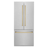 ZLINE 36" Autograph Edition 19.6 cu. ft. Built-in 3-Door French Door Refrigerator with Internal Water and Ice Dispenser in Fingerprint Resistant Stainless Steel with Polished Gold Accents (RBIVZ-SN-36-G)