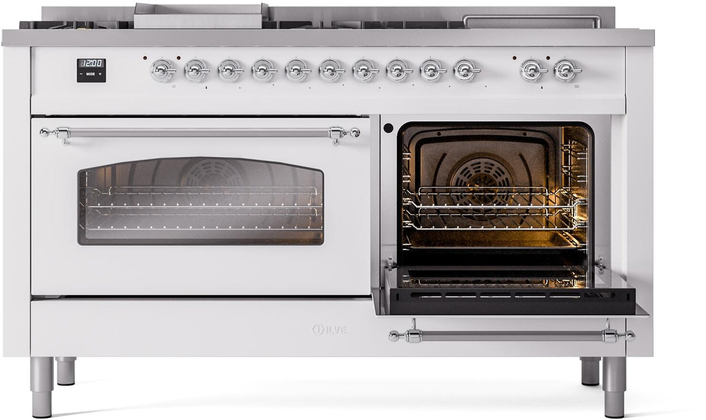 Nostalgie II 60 Inch Dual Fuel Natural Gas Freestanding Range in White with Chrome Trim