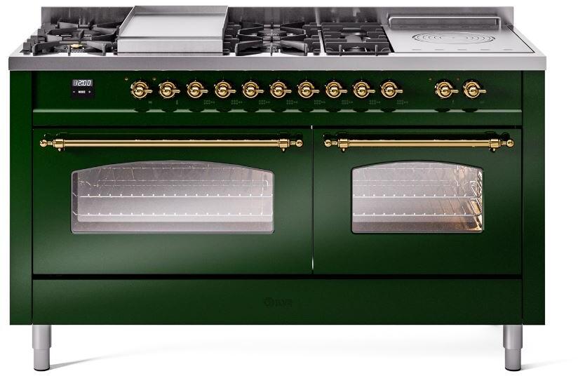 Nostalgie II 60 Inch Dual Fuel Natural Gas Freestanding Range in Emerald Green with Brass Trim