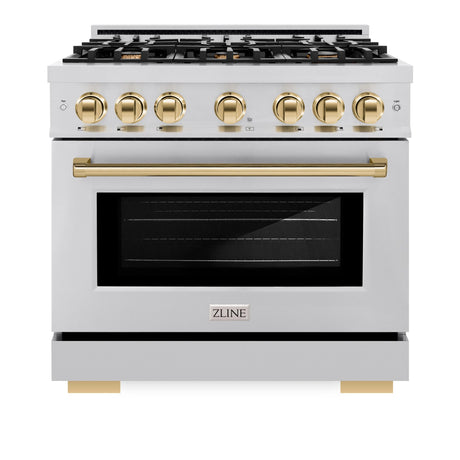 ZLINE Autograph Edition 36 in. 5.2 cu. ft. Select Dual Fuel Range with 6 Burner Gas Cooktop and Electric Convection Oven in Stainless Steel with Polished Gold Accents (HDRZ-36-G)