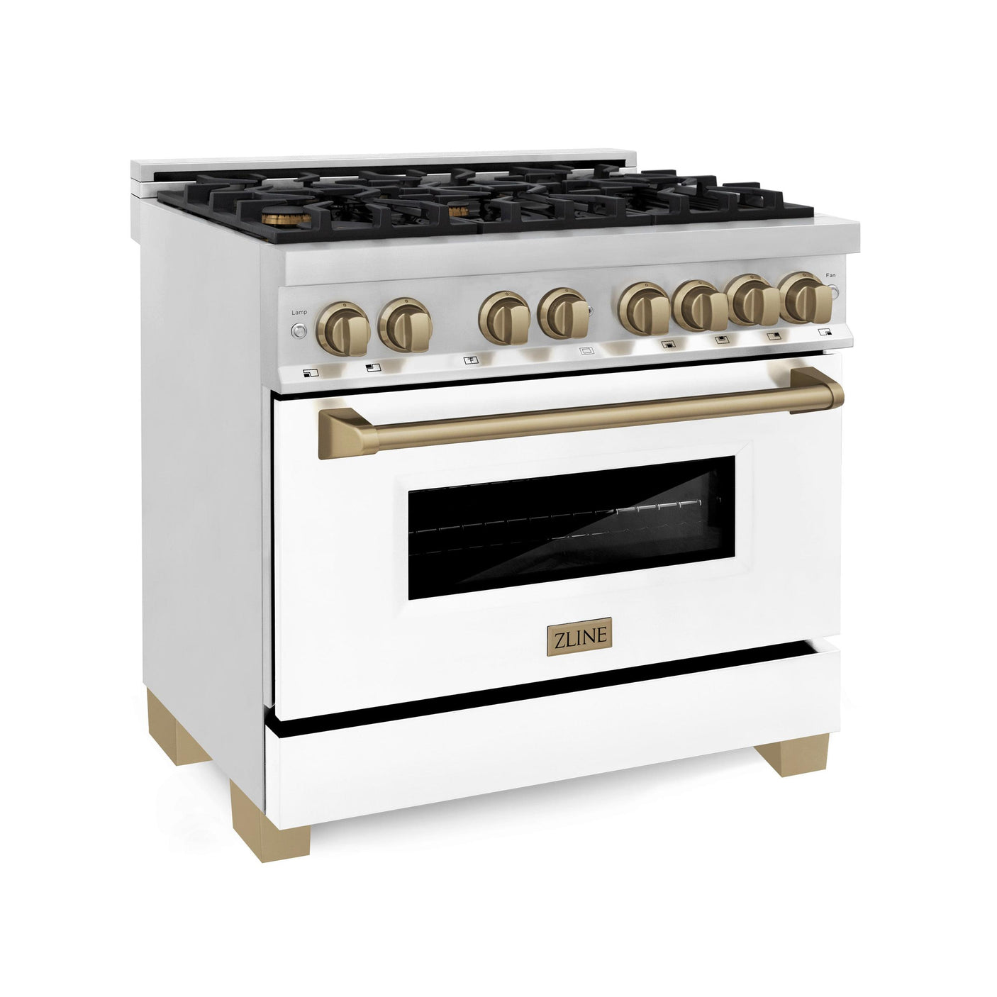 ZLINE Autograph Edition 36" 4.6 cu. ft. Dual Fuel Range with Gas Stove and Electric Oven in Stainless Steel with White Matte Door and Accents (RAZ-WM-36) [Color: Champagne Bronze]