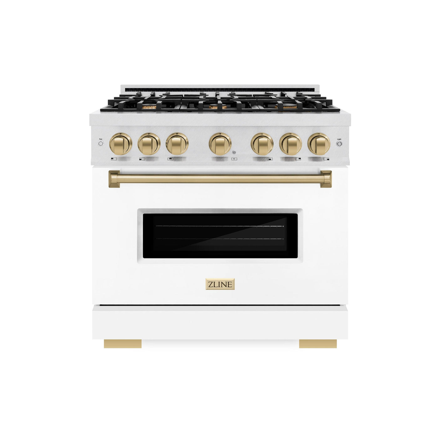 ZLINE Autograph Edition 36 in. 5.2 cu. ft. Classic Gas Range with 6 Burner Cooktop and Convection Gas Oven in DuraSnow' Stainless Steel with White Matte Door and Champagne Bronze Accents (CGRSZ-WM-36-CB)