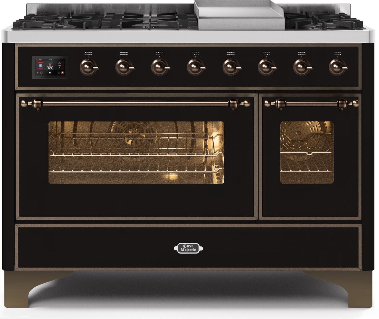 Majestic II 48 Inch Dual Fuel Liquid Propane Freestanding Range in Glossy Black with Bronze Trim