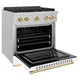 ZLINE Autograph Edition 30 in. 4.2 cu. ft. Paramount Dual Fuel Range with 4 Burner Gas Cooktop and Electric Convection Oven in DuraSnow' Stainless Steel with White Matte Door and Polished Gold Accents (SDRSZ-WM-30-G)