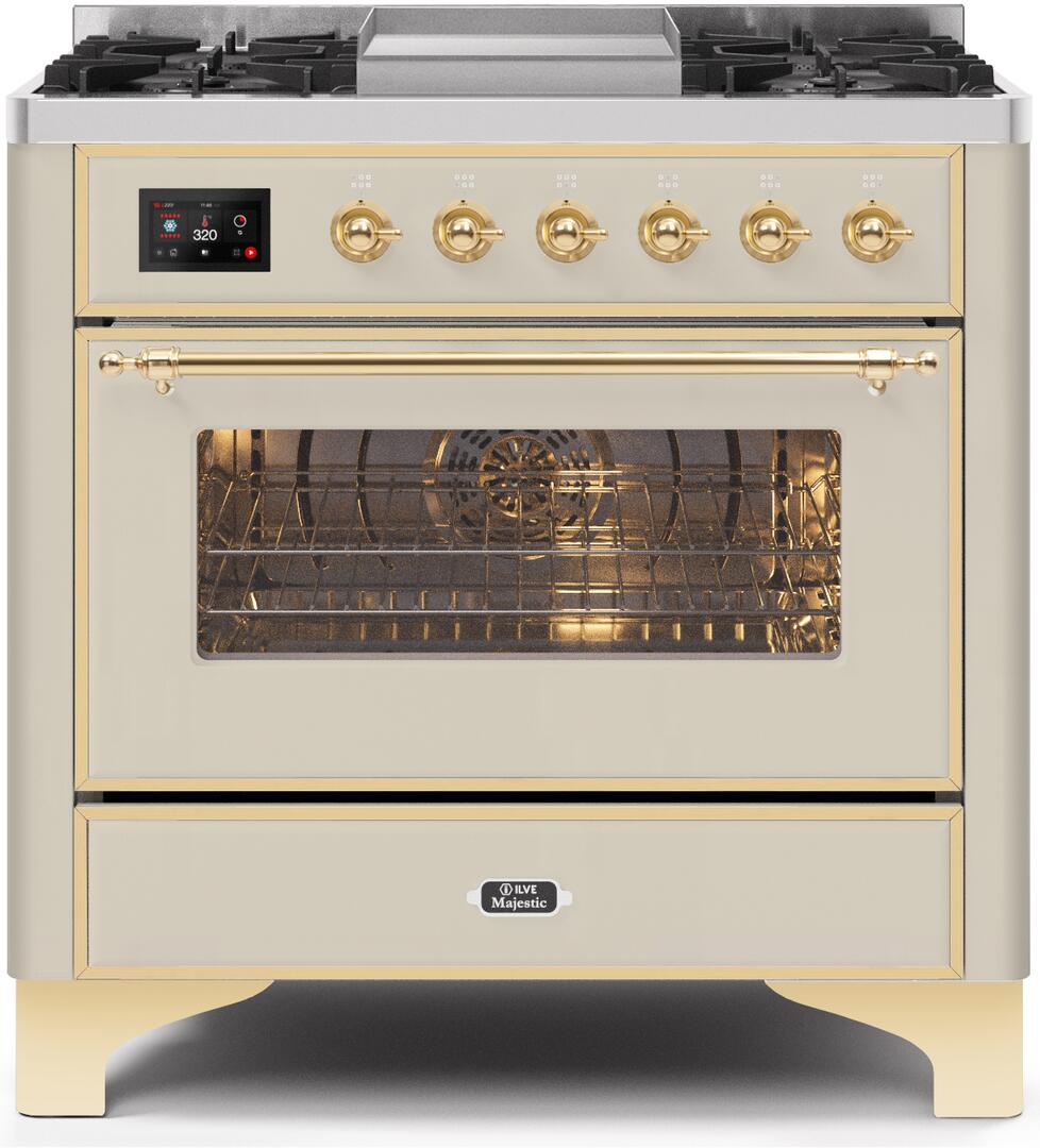 Majestic II 36 Inch Dual Fuel Natural Gas Freestanding Range in Antique White with Brass Trim