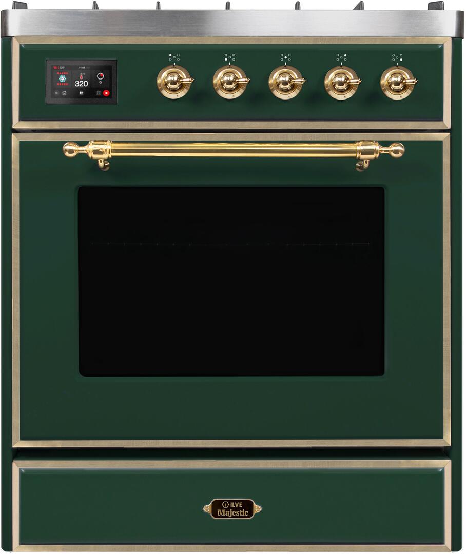 Majestic II 30 Inch Dual Fuel Liquid Propane Freestanding Range in Emerald Green with Brass Trim