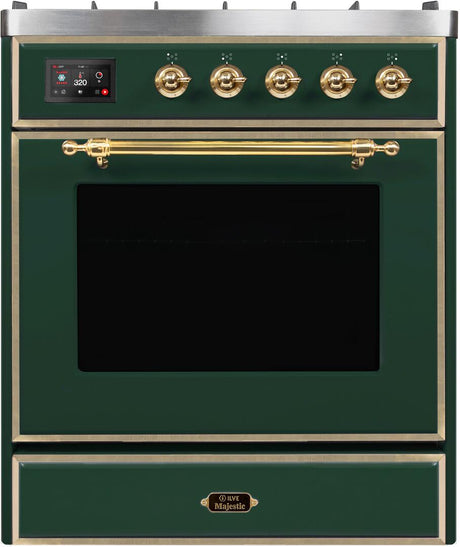 Majestic II 30 Inch Dual Fuel Liquid Propane Freestanding Range in Emerald Green with Brass Trim