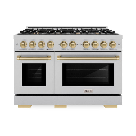 ZLINE Autograph Edition 48 in. 6.7 cu. ft. Select Double Oven Gas Range with 8 Burner Cooktop in DuraSnow' Stainless Steel and Champagne Bronze Accents (HGRSZ-48-CB)