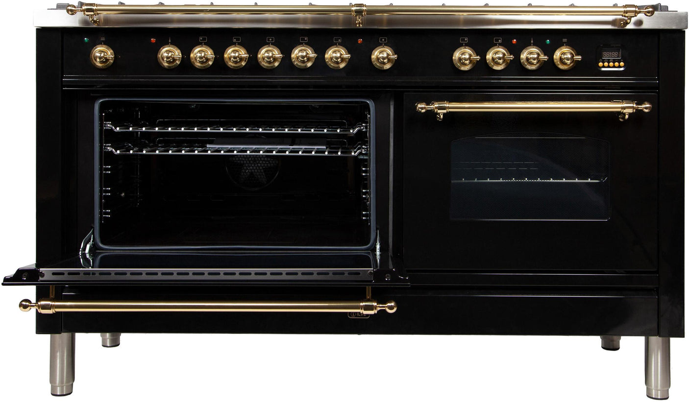 60" Nostalgie Series Freestanding Double Oven Dual Fuel Range with 8 Sealed Burners and Griddle in Glossy Black