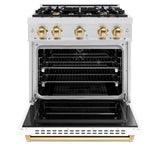 ZLINE Autograph Edition 30 in. 4.2 cu. ft. Classic Dual Fuel Range with 4 Burner Gas Cooktop and Electric Convection Oven in DuraSnow' Stainless Steel with White Matte Door and Polished Gold Accents (CDRSZ-WM-30-G)