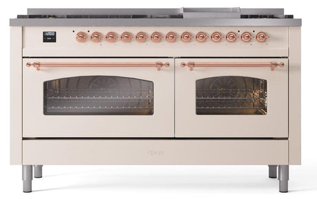 Nostalgie II 60 Inch Dual Fuel Natural Gas Freestanding Range in Antique White with Copper Trim