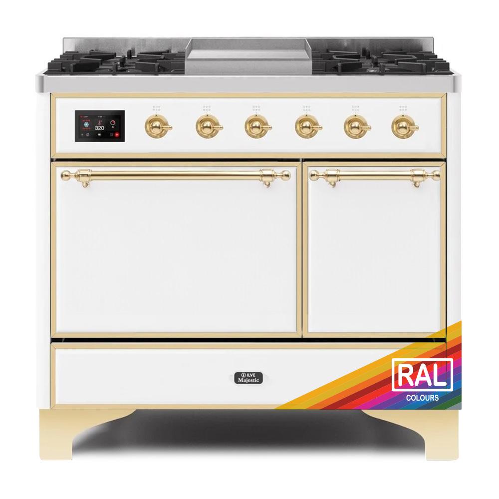 ILVE Majestic II 40 UMD10FDQNS3RAG Freestanding Dual Fuel Range with 6 Sealed Burners Yes Double Oven with Solid Door in RAL Color with Brass knobs