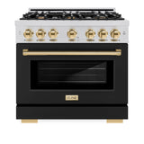 ZLINE Autograph Edition 36 in. 5.2 cu. ft. Select Dual Fuel Range with 6 Burner Gas Cooktop and Electric Convection Oven in Stainless Steel with Black Matte Door and Polished Gold Accents (HDRZ-BLM-36-G)