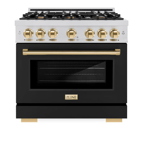 ZLINE Autograph Edition 36 in. 5.2 cu. ft. Select Dual Fuel Range with 6 Burner Gas Cooktop and Electric Convection Oven in Stainless Steel with Black Matte Door and Polished Gold Accents (HDRZ-BLM-36-G)