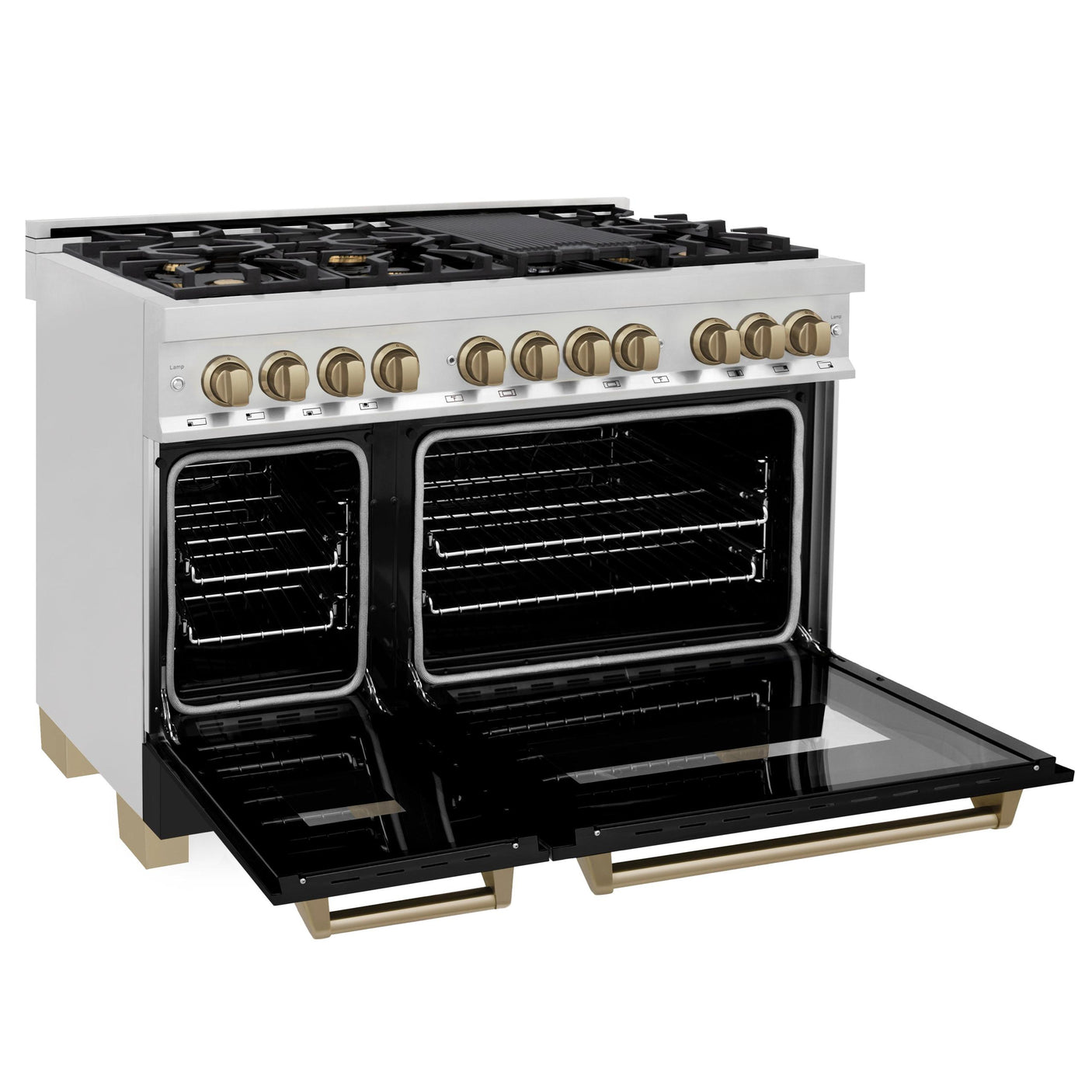 ZLINE Autograph Edition 48" 6.0 cu. ft. Dual Fuel Range with Gas Stove and Electric Oven in Stainless Steel with Black Matte Door and Champagne Bronze Accents (RAZ-BLM-48-CB)