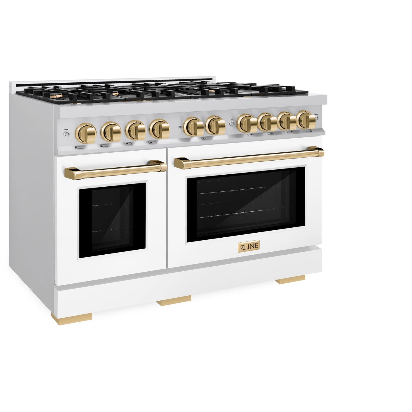 ZLINE Autograph Edition 48 in. 6.7 cu. ft. Select Double Oven Dual Fuel Range with 8 Burner Gas Cooktop in Stainless Steel with White Matte Door and Polished Gold Accents (HDRZ-WM-48-G)