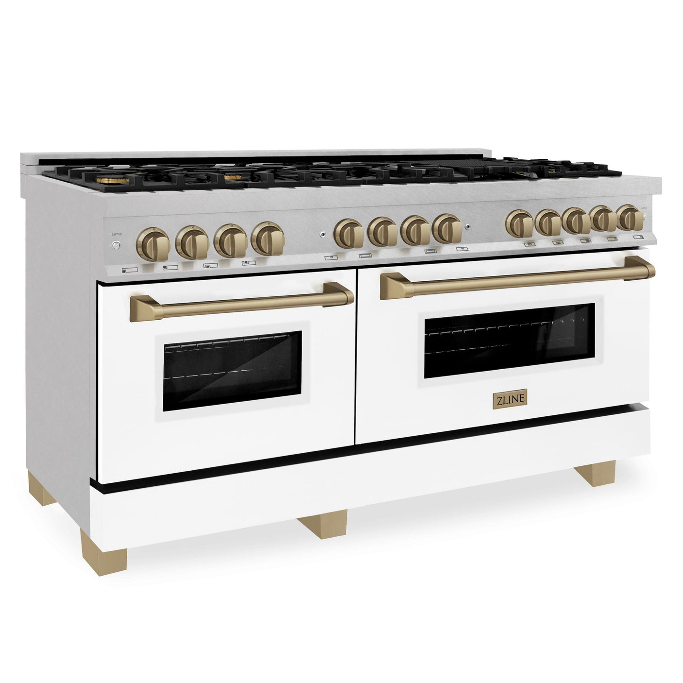 ZLINE Autograph Edition 60 in. 7.4 cu. ft. Dual Fuel Range with Gas Stove and Electric Oven in DuraSnow Stainless Steel with White Matte Door and Accents (RASZ-WM-60) [Color: Champagne Bronze Accents]