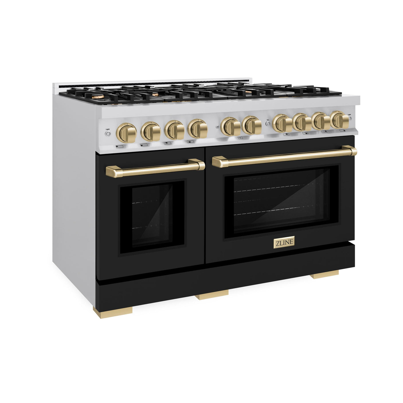 ZLINE Autograph Edition 48 in. 6.7 cu. ft. Select Double Oven Dual Fuel Range with 8 Burner Gas Cooktop in Stainless Steel with Black Matte Doors and Champagne Bronze Accents (HDRZ-BLM-48-CB)