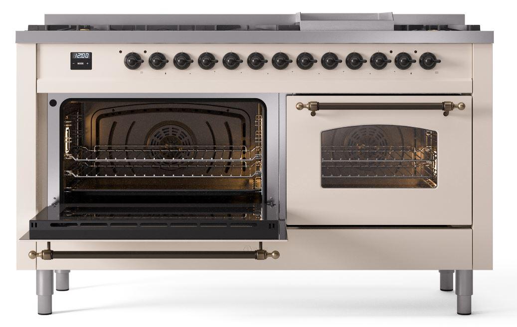 Nostalgie II 60 Inch Dual Fuel Natural Gas Freestanding Range in Antique White with Bronze Trim