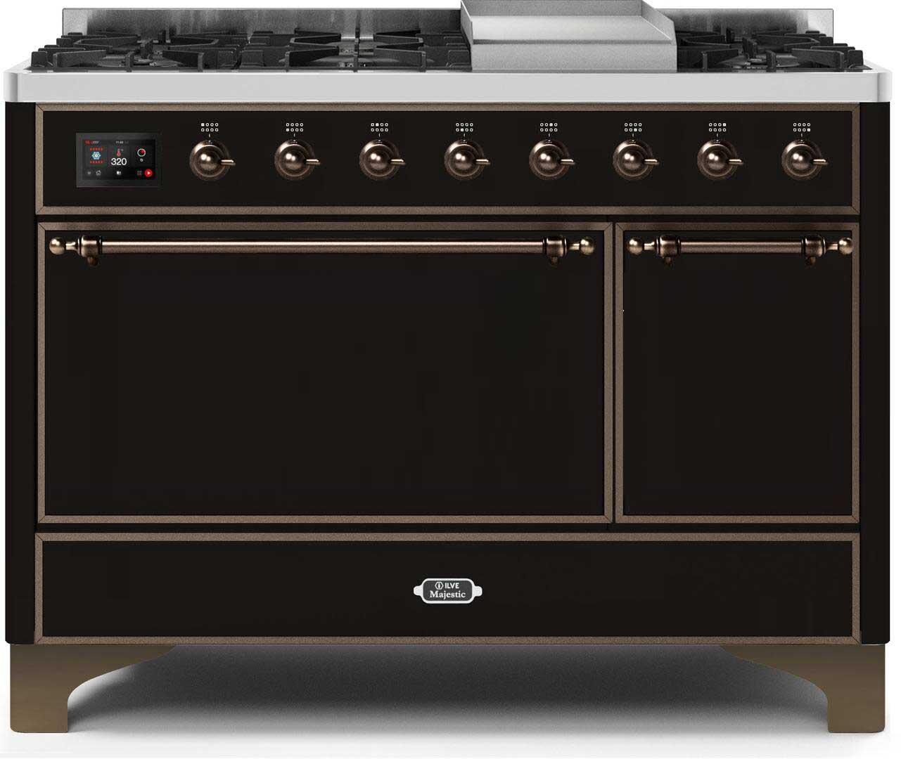 Majestic II 48 Inch Dual Fuel Liquid Propane Freestanding Range in Glossy Black with Bronze Trim