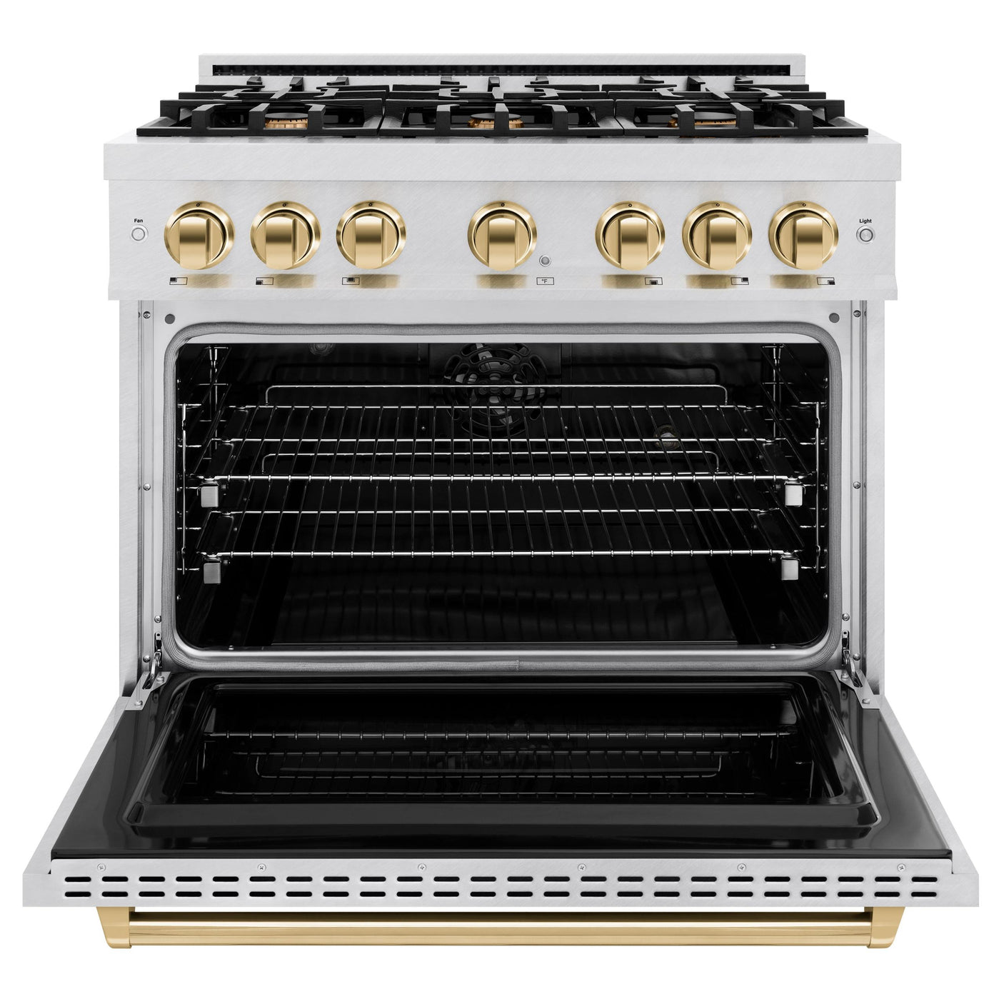 ZLINE Autograph Edition 36 in. 5.2 cu. ft. Classic Dual Fuel Range with 6 Burner Gas Cooktop and Electric Convection Oven in DuraSnow' Stainless Steel with Polished Gold Accents (CDRSZ-36-G)